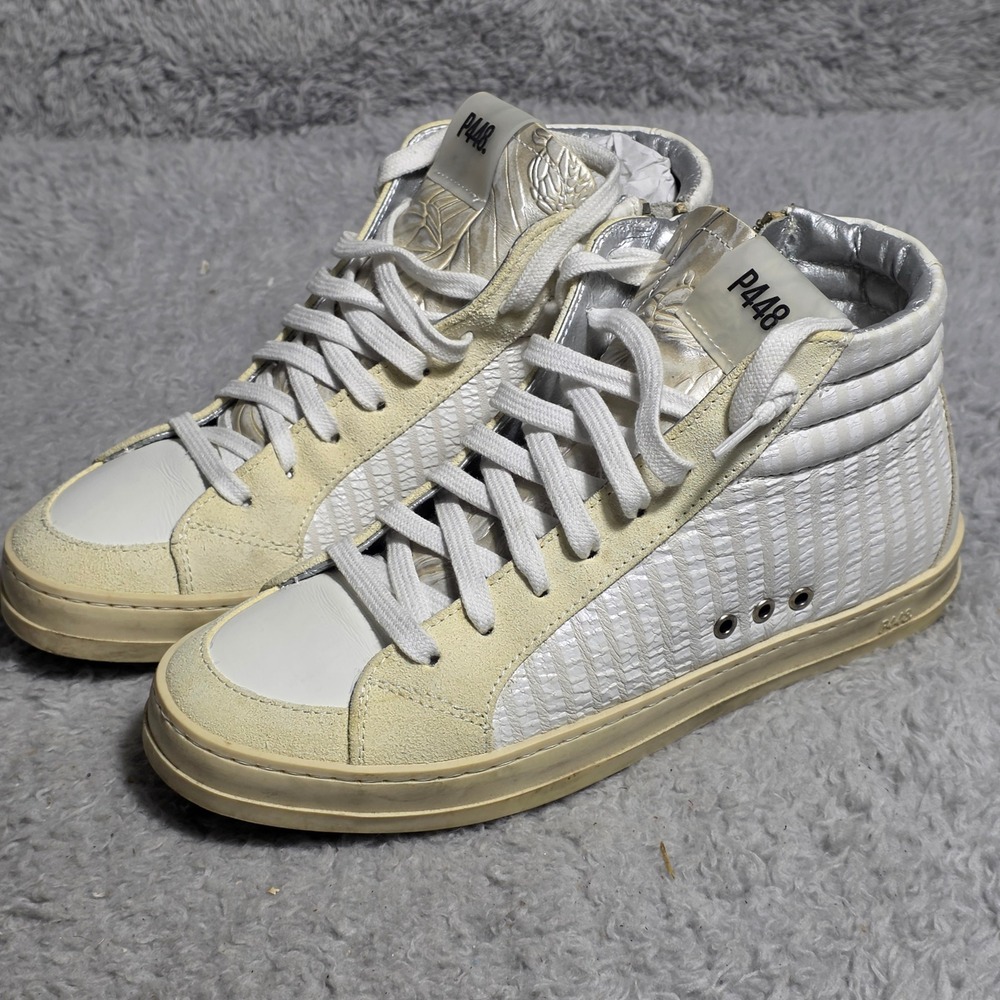 P448 High Top Sneakers White Leather Suede Zip Closure EU 36 Womens 6